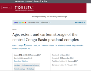 Image of Nature homepage showing the research paper on the world's most extensive peatland. 