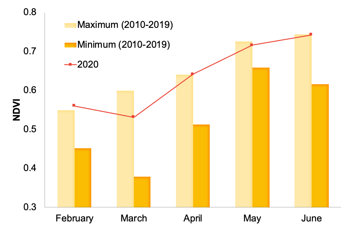 NDVI monthly averages - 2020 vs historical minimum and maximum (2010-2019)