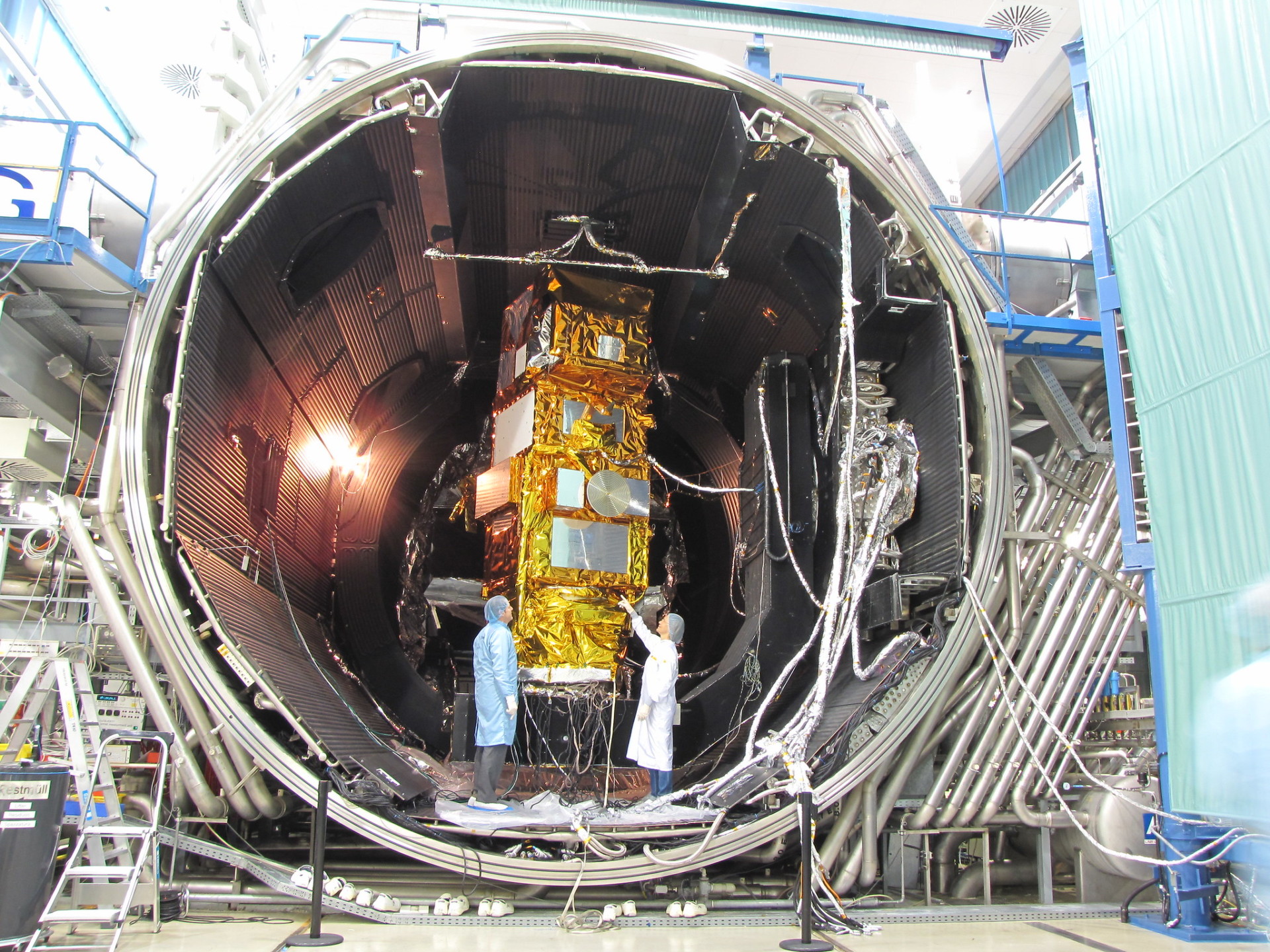 Sentinel-2A pre-launch in a thermal vacuum chamber during testing at IABG in Munich, Germany.